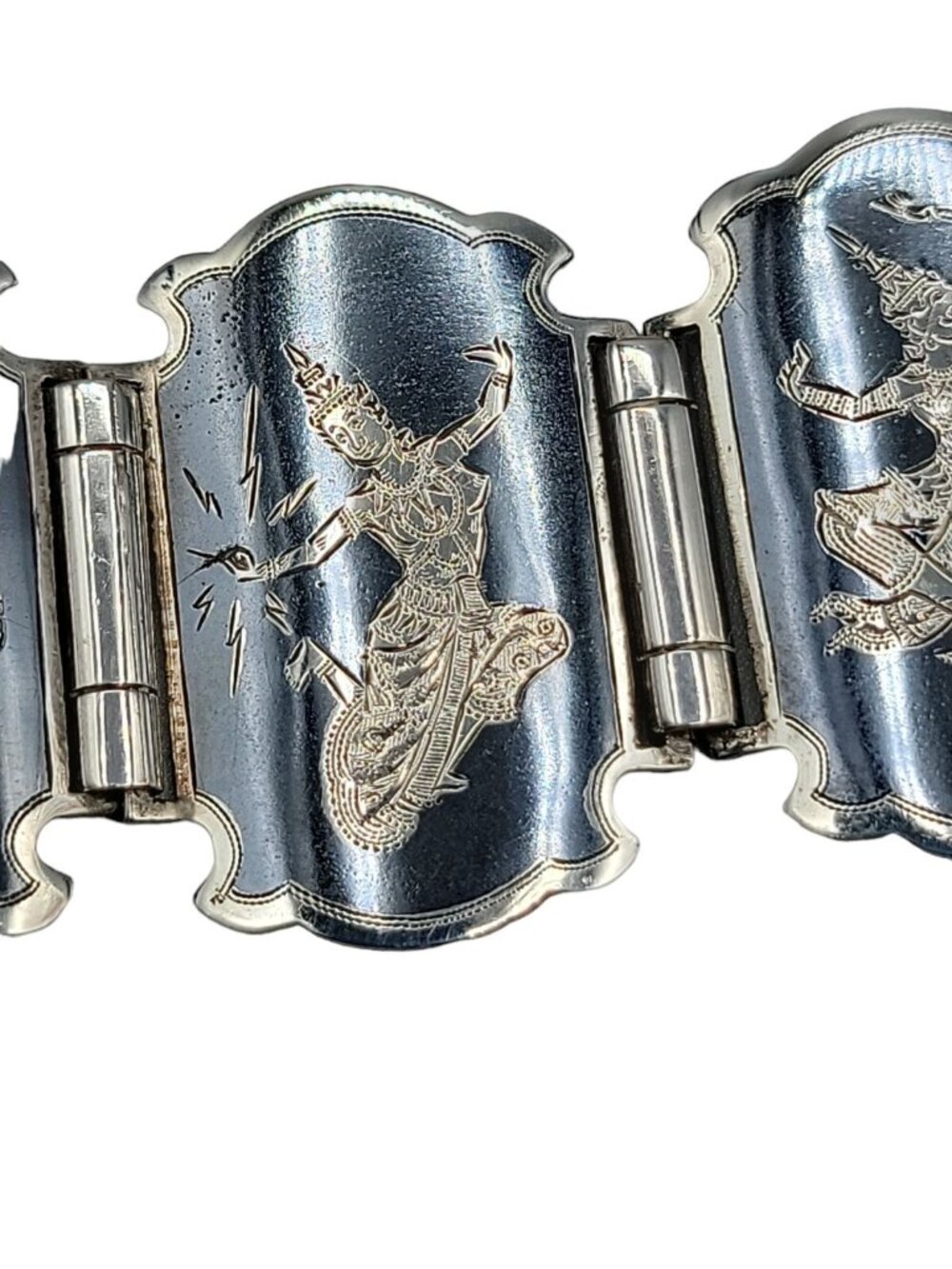 Siam Sterling Silver Bracelet 925 Niello Hindu Goddess Enamel Hinged Panel SZ 7 - Picture 15 of 16
